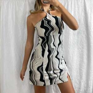 Retro Psychadelic Slit Mini Dress, Black and White Swirl Halter Dress, Size Smal